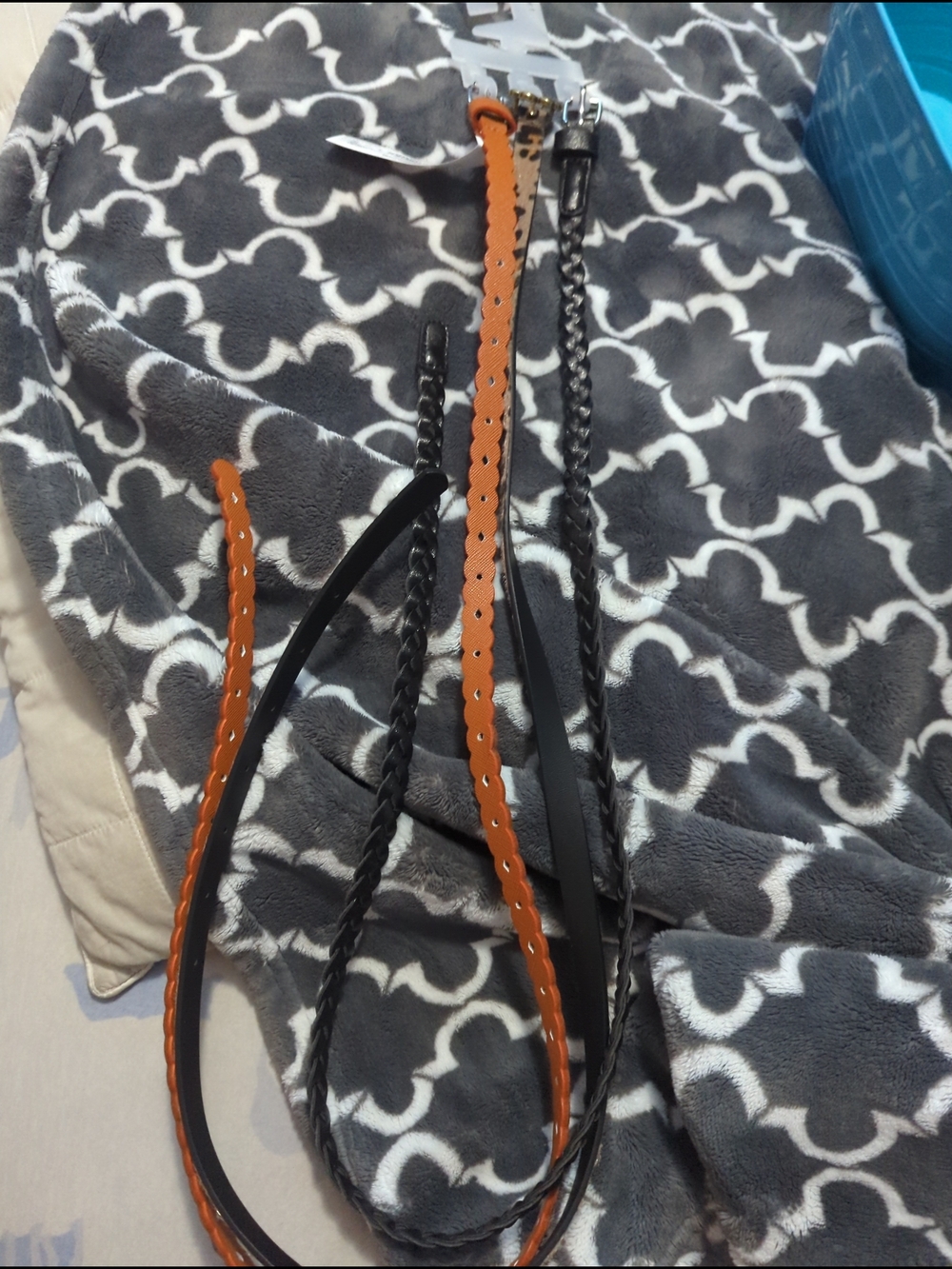 Set of Thin Leather Braided and Scalloped Belts in Black and Cognac